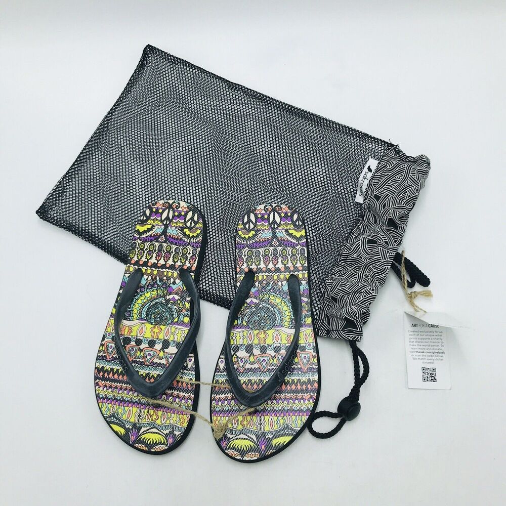 Sakroots Women's 6 Flip Flops Encore Black Colorful w/ Bag New